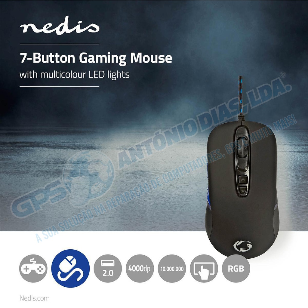 Rato Gaming Nedis c\fio 7 Botões 4000Dpi c\luz RGB